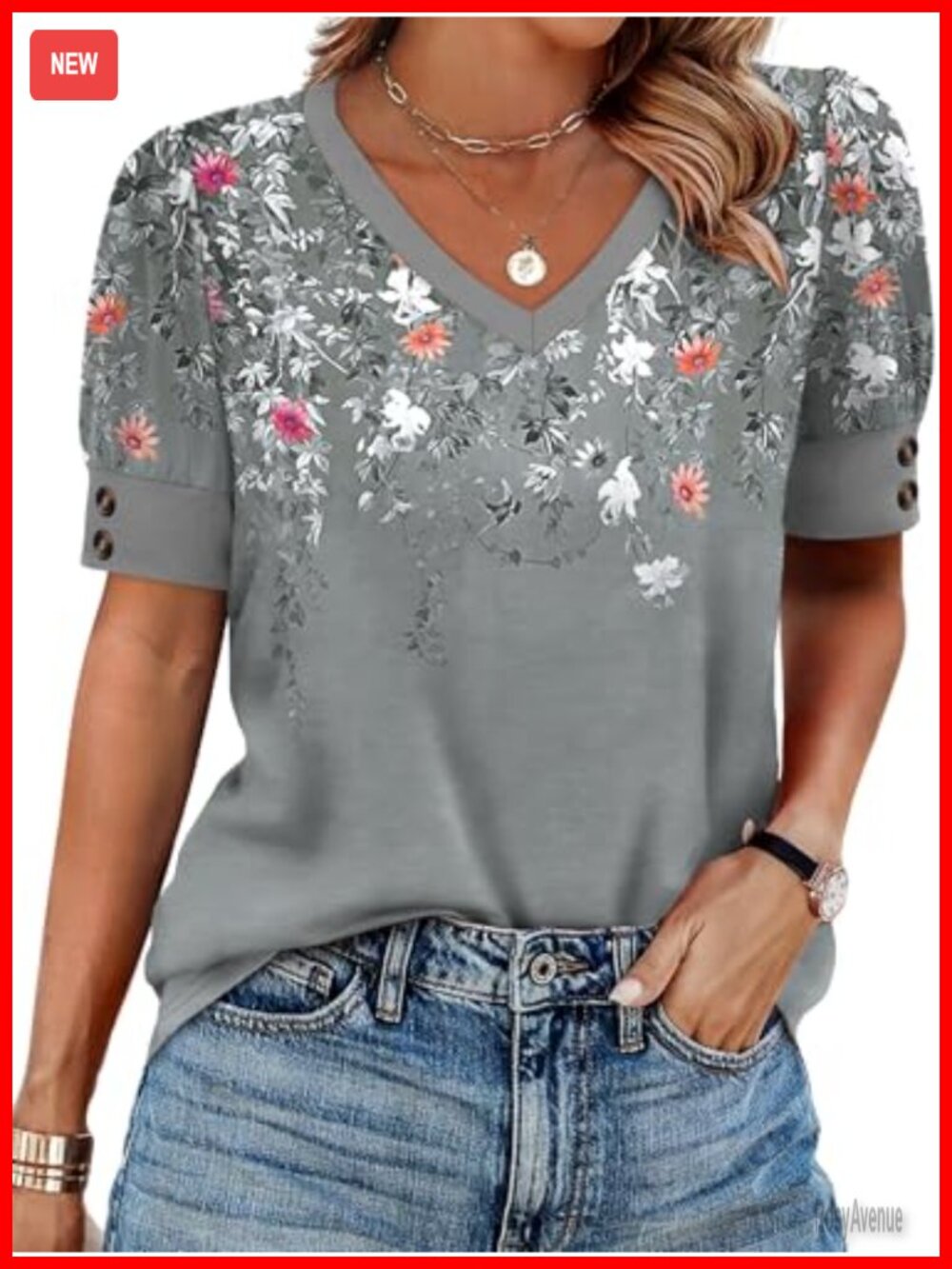 Women's Short Sleeve Blouse V-Neck Floral Curved Hem Loose Fit Plus Size